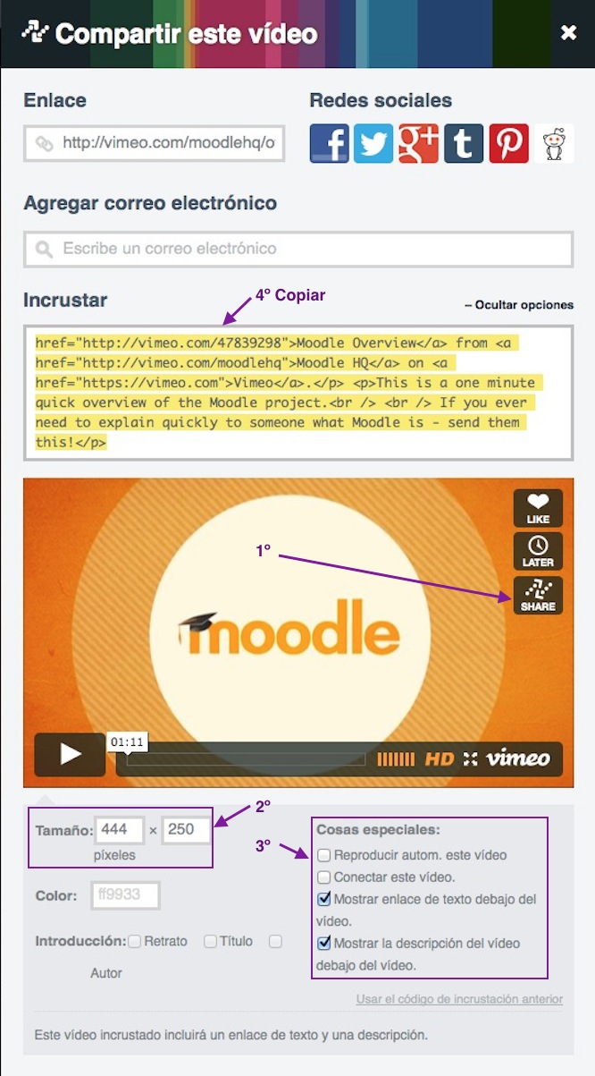 Imaxe. Copiar código HTML en Vimeo