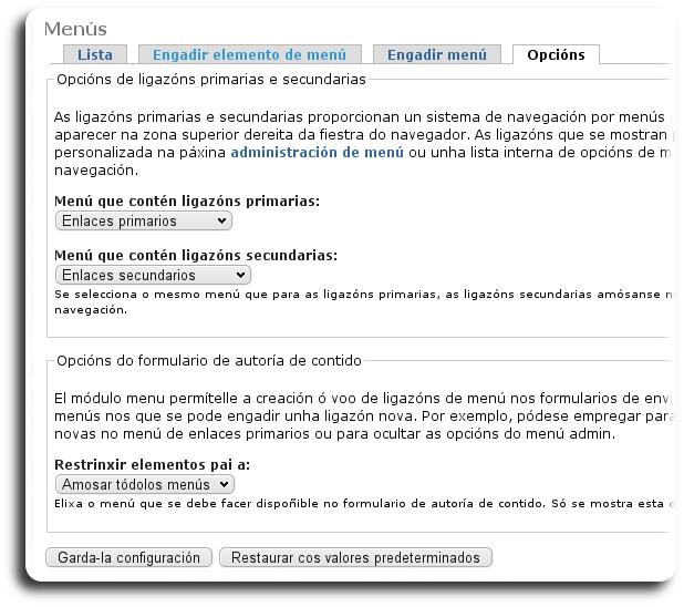 Opcións de Menús Opcións de Menús