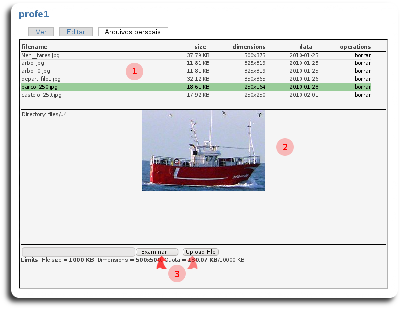 Zona da ferramenta de xestión de arquivos Zona da ferramenta de xestión de arquivos