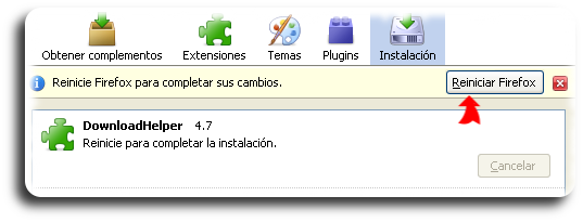Reiniciar Firefox para completar a instalación do complemento Reiniciar Firefox para completar a instalación do complemento