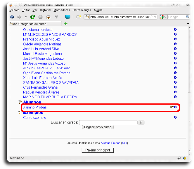 Curso con chave dentro da categoría alumnos Curso con chave dentro da categoría alumnos