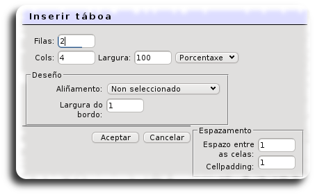 Inserir táboa Inserir táboa