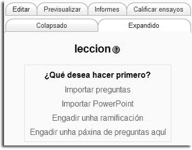 Menú para engadir novos elementos a unha lección Menú para engadir novos elementos a unha lección