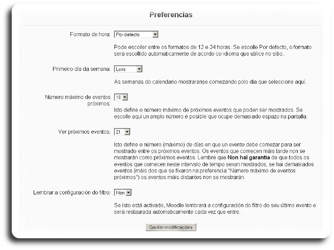 Permite establecer as opción de visualización dos eventos no calendario Permite establecer as opción de visualización dos eventos no calendario