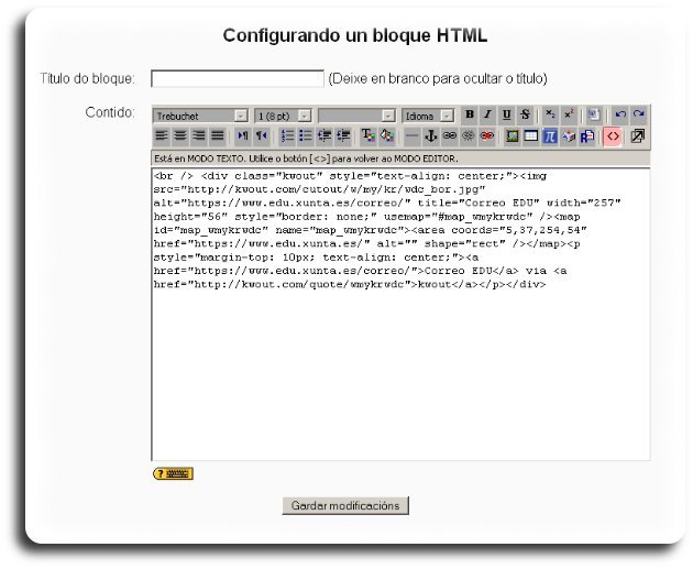 Formulario para introducir a información no bloque HTML Formulario para introducir a información no bloque HTML