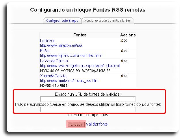 Pestaña na que se introduce a URL das fontes externas Pestaña na que se introduce a URL das fontes externas