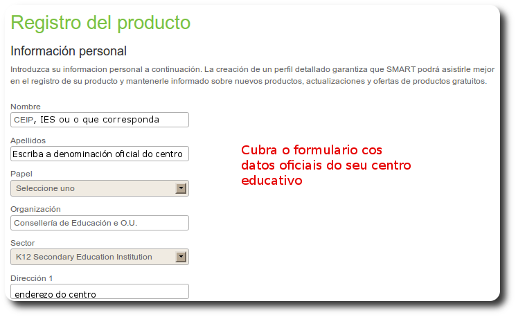Smart board, formulario de rexistro 1