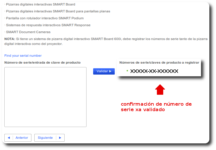 smart board rexistro. Nº de serie validado