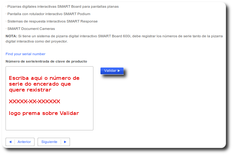 Validar nº de serie para rexistro