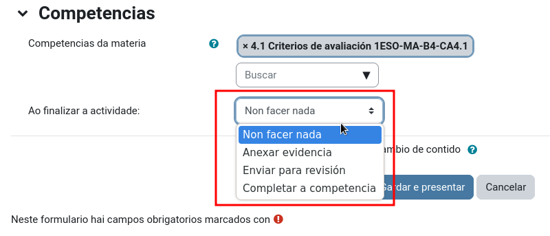 Configuración competencias ao finalizar actividade