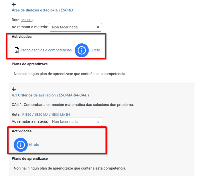 Competencias ligadas a actividades dunha materia