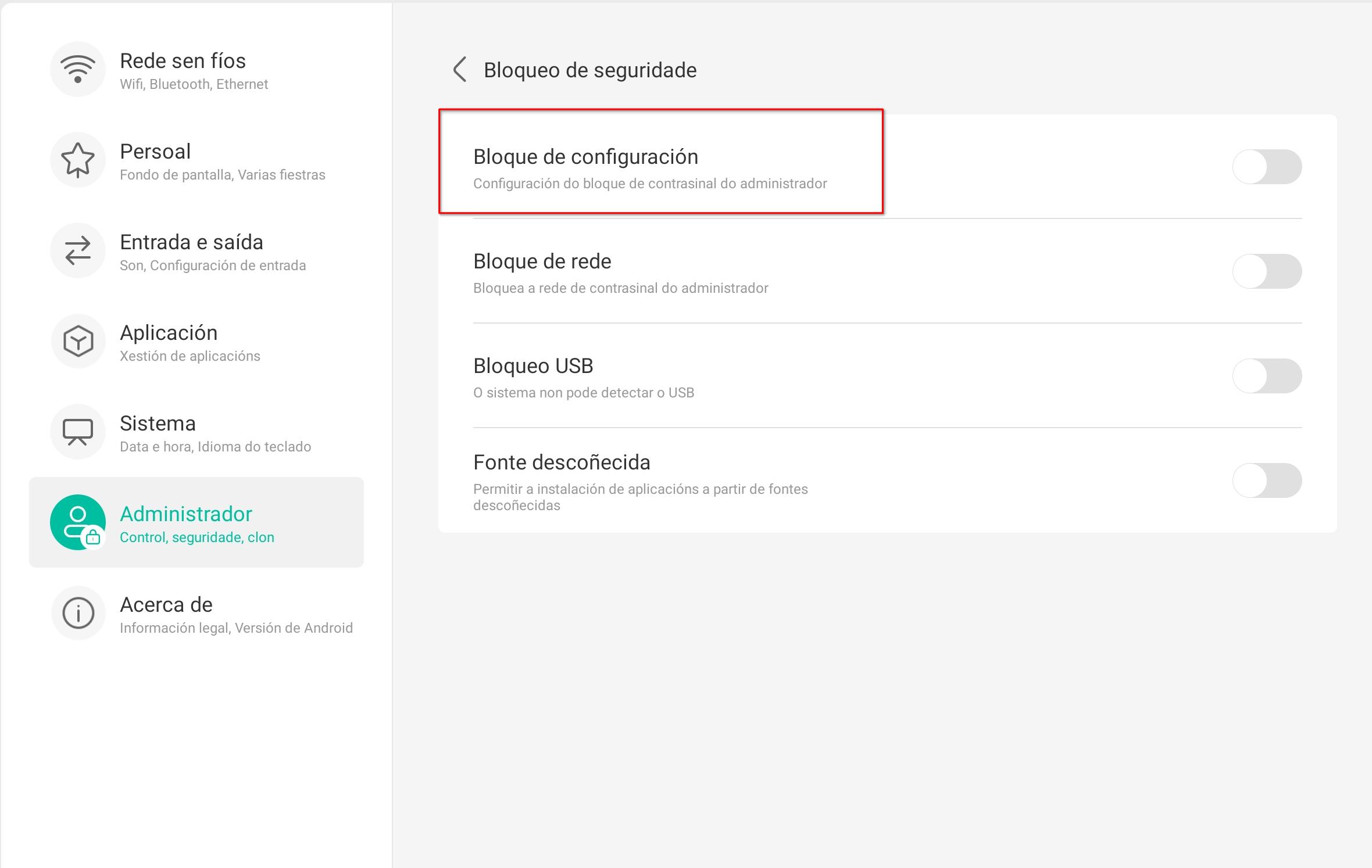 Opcións administrador
