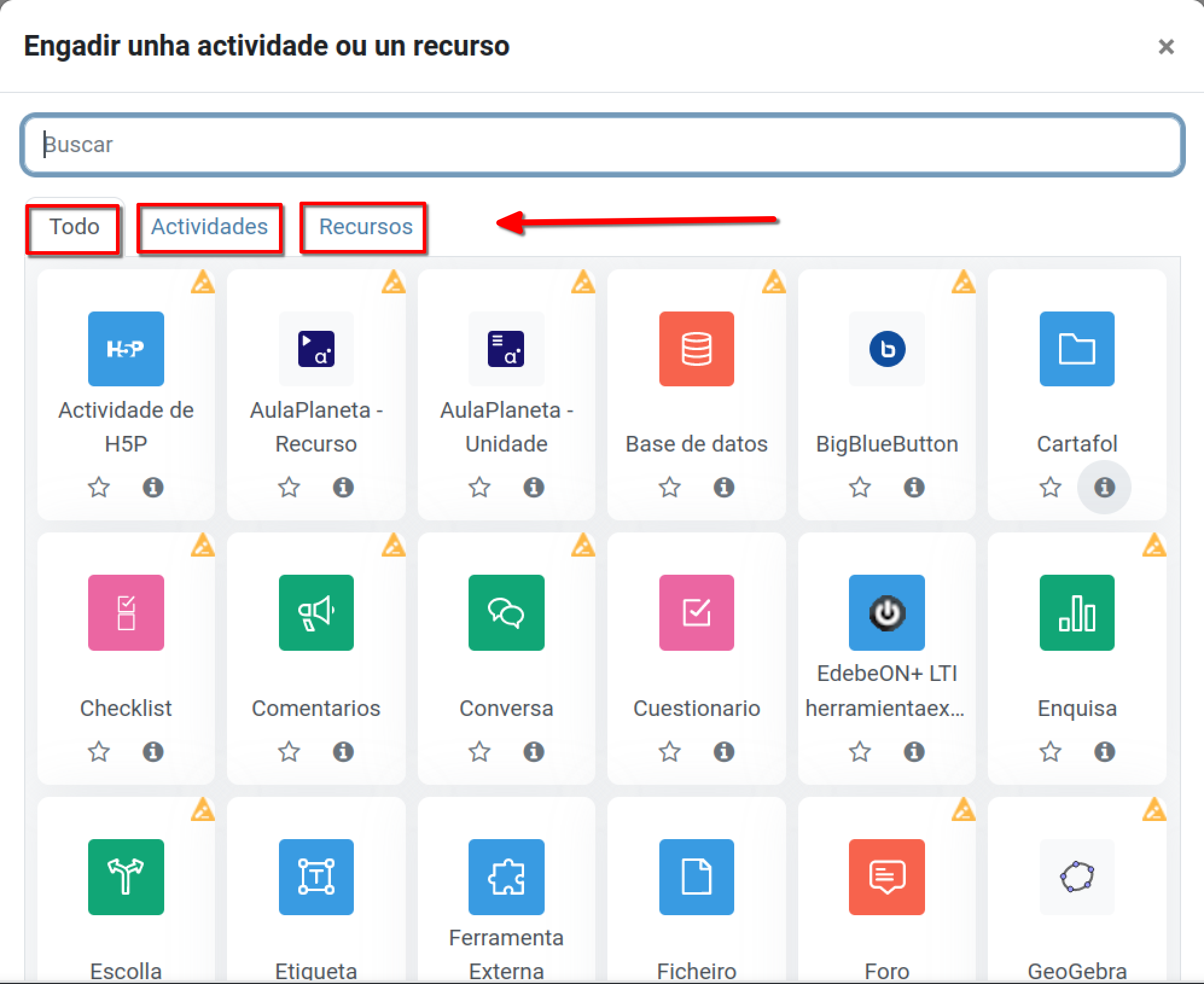 Selector actividades e recursos