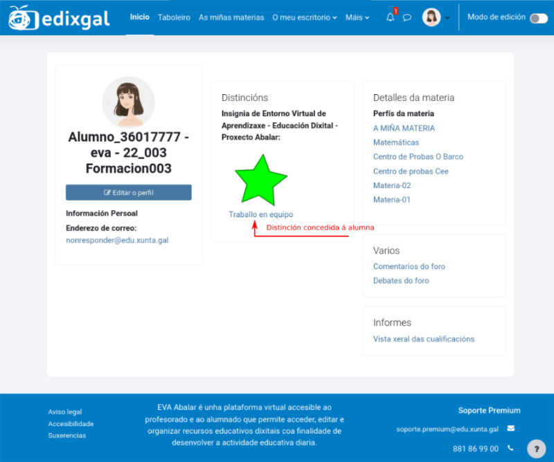 Insignias concedidas ao alumnado, que aparecen no seu perfil.
