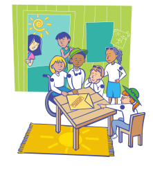 nenos e nenas fronte a unha táboa, expresa traballo en equipo