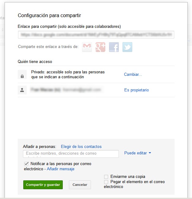captura de xanela de google docs compartir