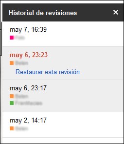 captura historial de revisións de google docs