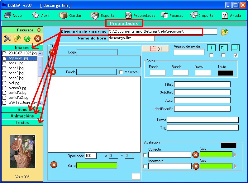 Captura de EdiLIM na que se amosa a utilización da pestana "propiedades". Elaboración propia. Licenza CC BY SA. Captura de EdiLIM na que se amosa a utilización da pestana "propiedades". Elaboración propia. Licenza CC BY SA.