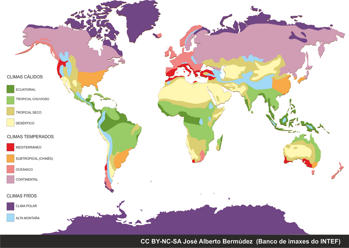 Mapa dos climas do mundo, selecciona un clima da lenda para ver as s�as caracter�sticas na xanela inferior.
