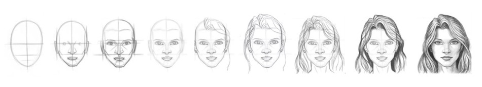 Imaxe do proceso de debuxo dun rostro humano. 