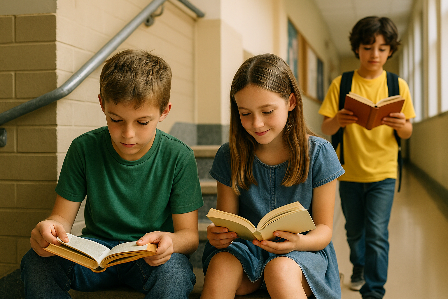 Nenos e nenas lendo nun ambiente tranquilo
