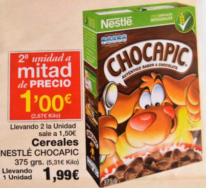 Imagen con oferta de segunda unidad a mitad de precio en cereales de desayuno.