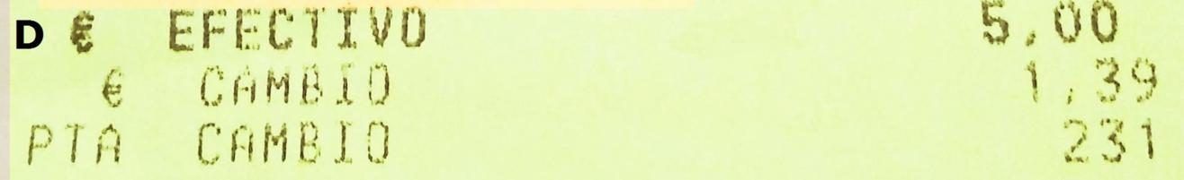 Imagen de recorte con la forma de pago y cambio en el ticket de la compra