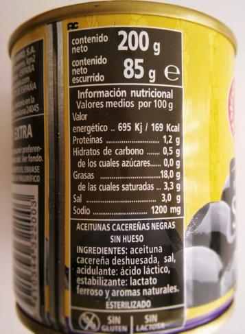 Imagen de la etiqueta con la información nutricional de una lata de aceitunas. 