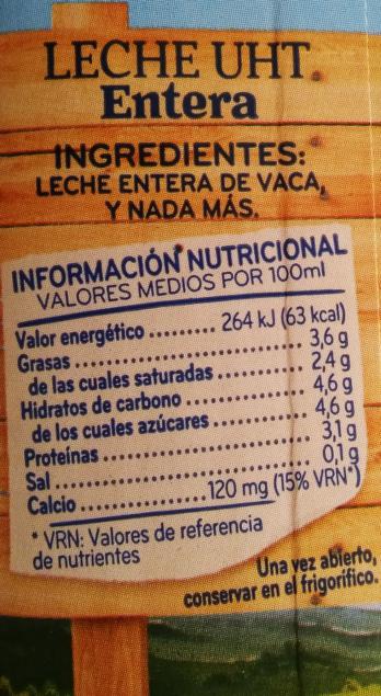 Imagen con la información nutricional de un brick de leche.