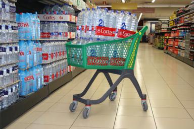 Imagen de un carro de la compra lleno de botellas de agua