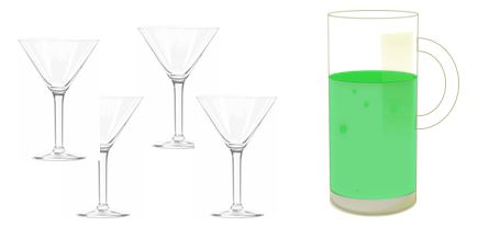 Imagen de una jarra de zumo y cuatro copas cónicas