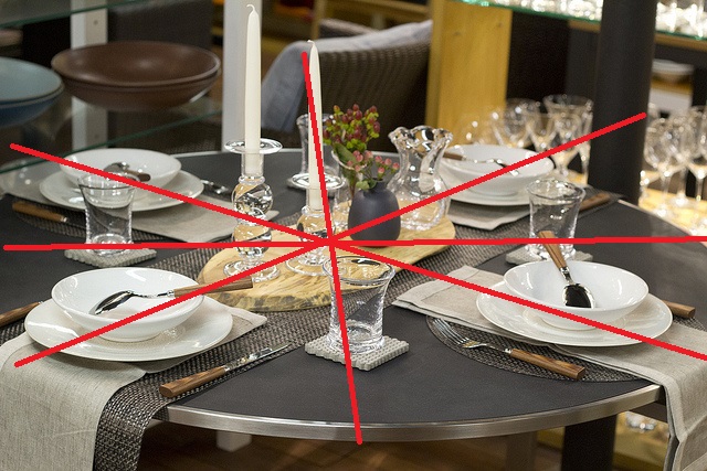 Imagen de una mesa con platos, copas, etc. dispuesta de modo simétrica