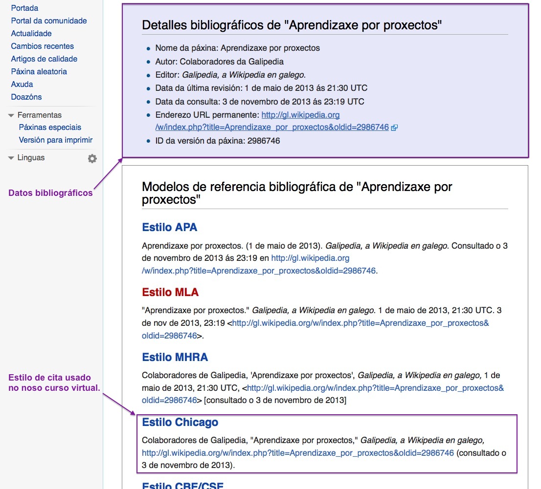 Imaxe dunha páxina de Wikipedia sinalando os estilos de cita xerados. Imaxe dunha páxina de Wikipedia sinalando os estilos de cita xerados.