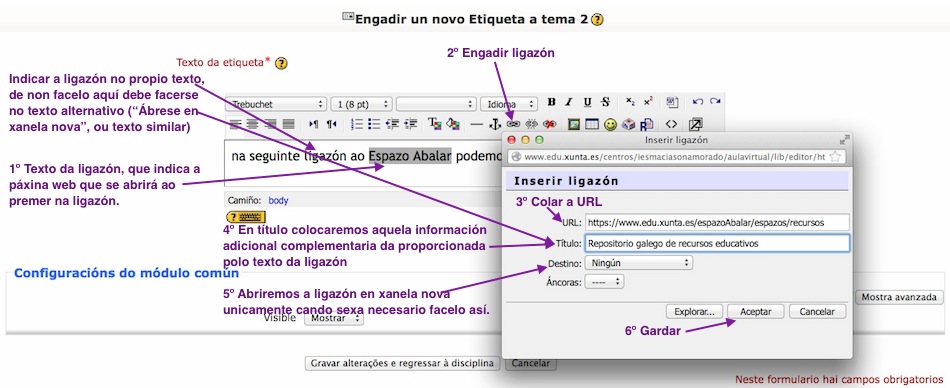 Imaxe da xanela de creación de ligazóns con Moodle.  Indícanse os pasos.  