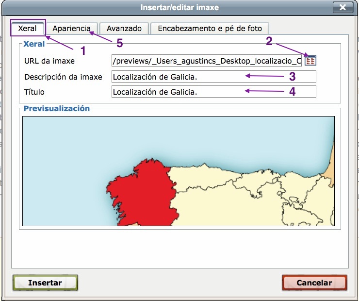 Inserir unha imaxe. Lapela Xeral, indícanse os pasos necesarios