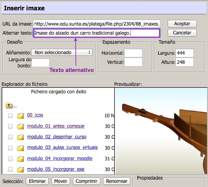 Imaxe da ventá Inserir imaxe de Moodle. Sinálase o recadro para o texto alternativo.