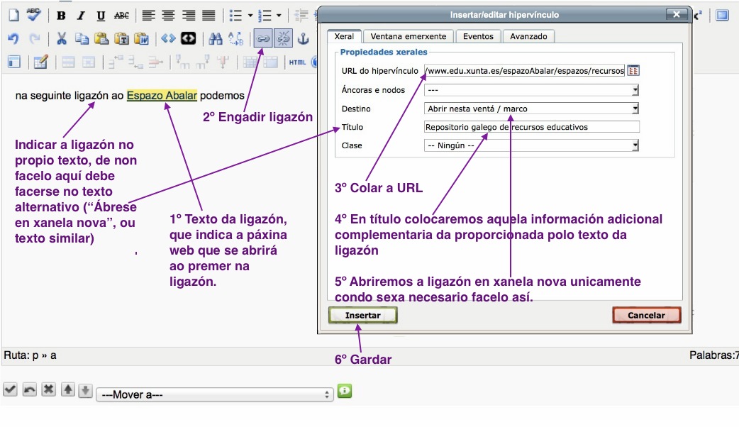 Imaxe da xanela de creación de ligazóns con Moodle. Indícanse os pasos. 