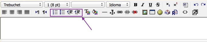 Imaxe das iconas do editor de texto de Moodle. Sinálanse as iconas para listas ordenadas y desordenadas.