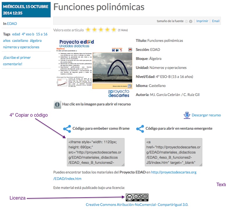 Captura de pantalla do Proxecto Descartes, sinálanse os pasos para copiar o código HTML. Continuación da anterior..