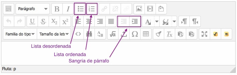 imaxe do editor de html da versión 2.6 de Moodle. Sinálanse as iconas para crear listas.