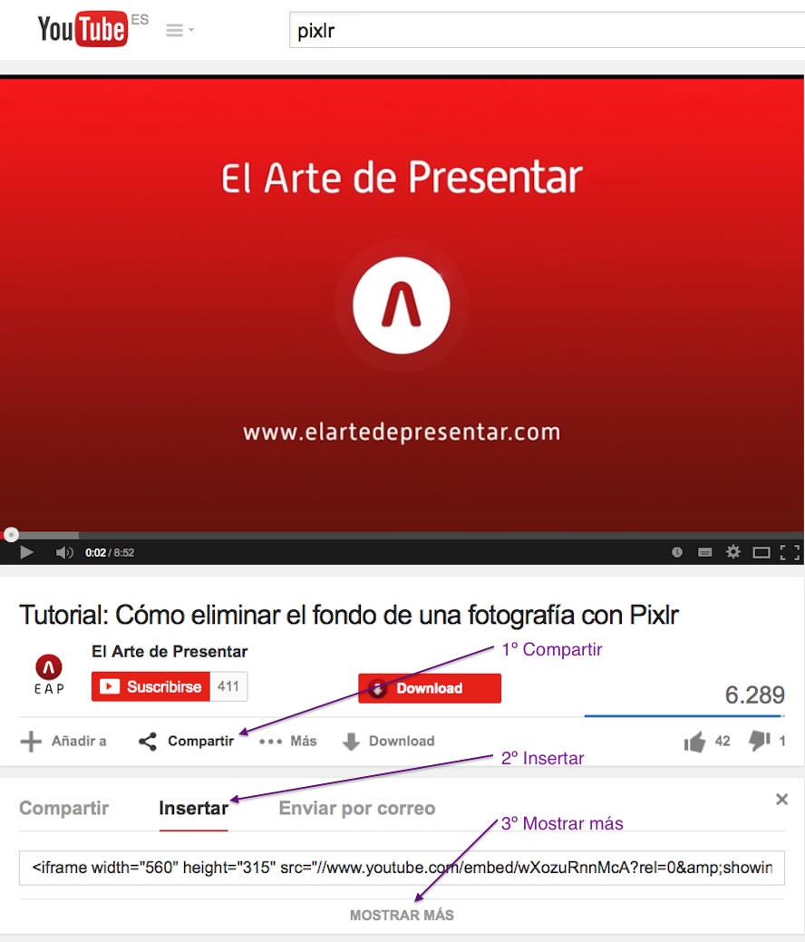 Imaxe. Copiar código HTML en Youtube.