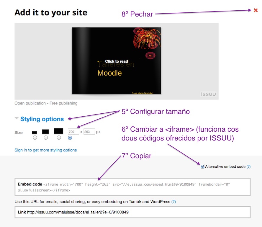 Captura de pantalla de ISSUU: secuencia para copiar iframe, 3