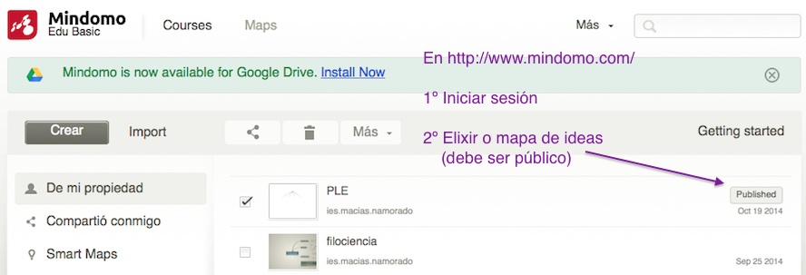Captura de pantalla de Mindomo: secuencia para copiar iframe, 1