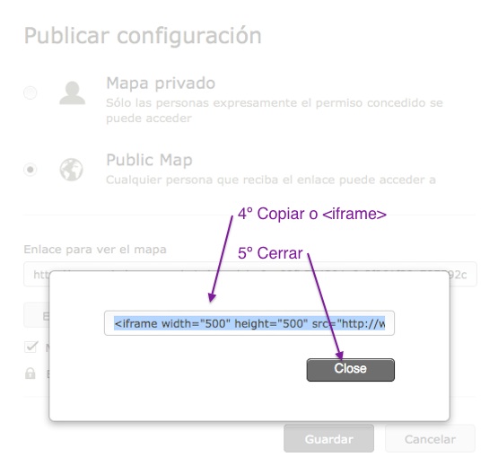Captura de pantalla de Mindomo: secuencia para copiar iframe, 3
