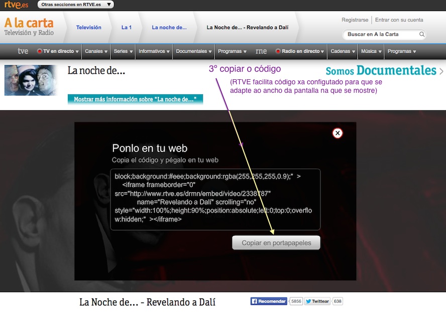 Captura de pantalla do sitio web de RTVE: secuencia para copiar iframe, 2