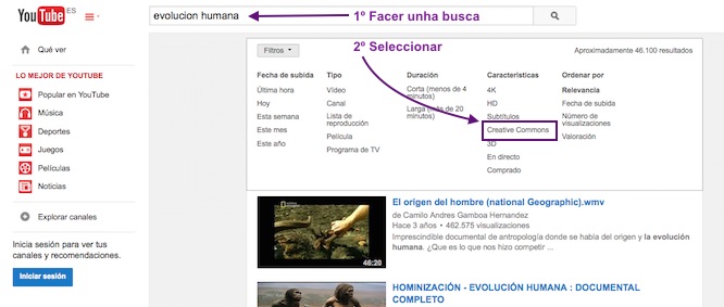 Busca de vídeos en Youtube filtrando po licenza CC.