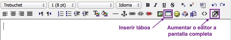 Imaxe das iconas de edición dos recursos de Moodle. Sinálanse as iconas para crear unha táboa e para traballar a pantalla completa.