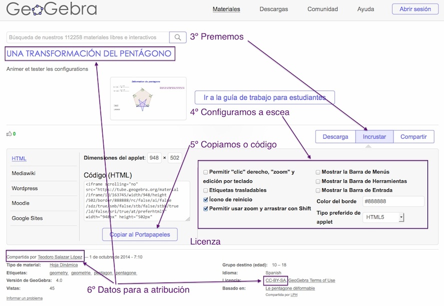 Captura de pantalla de Geogebra Tube. Sinálanse os pasos para copiar código HTML para embebelo. Continuación.