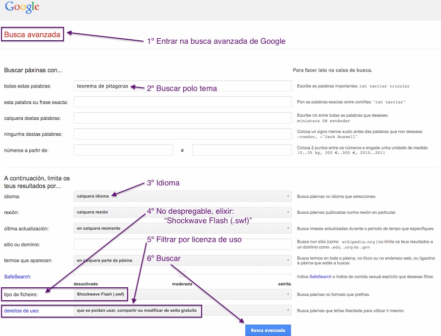 Captura de pantalla indicando os pasos para a busca de arquivos flash cos busca avanzada de Google.