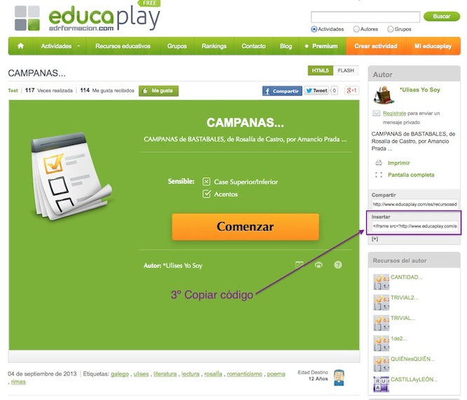 Captura de pantalla de EducaPlay: secuencia para copiar iframe, 2